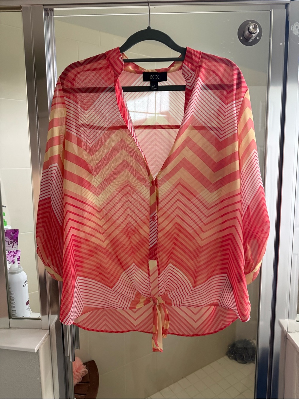 BCX Pink and Yellow Chevron Tie-Front Sheer Blouse